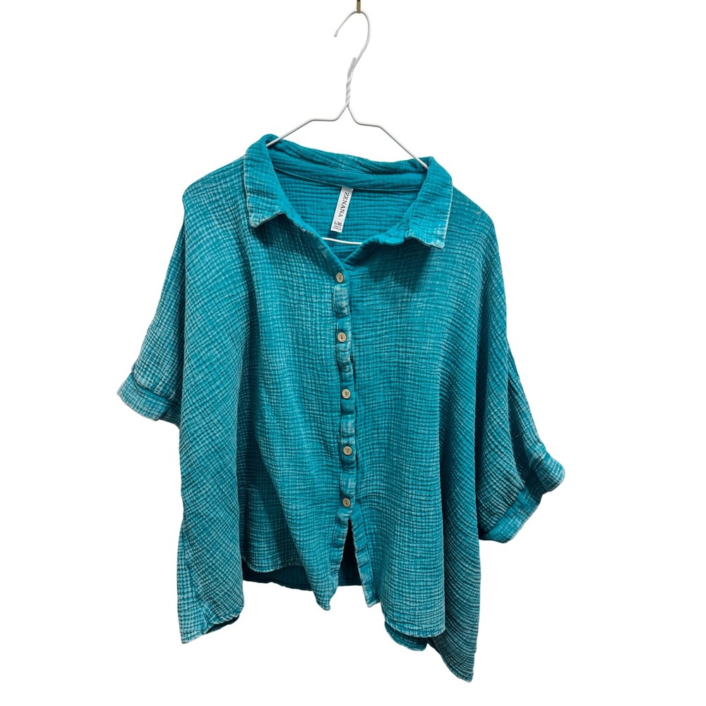 Coastal Cowgirl Teal Cotton Gauze Button Down Zenana L/XL Oversized Boho Top